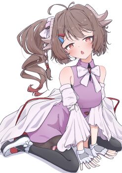 Rule 34 | 1girl, absurdres, animal ears, ardelia (arknights), arknights, arknights: endfield, barurun pen, black pantyhose, blush, bow, bowtie, brown hair, collared dress, commentary, detached sleeves, dress, eyjafjalla (arknights), fingerless gloves, full body, gloves, hair ornament, hairclip, highres, horns, long hair, long sleeves, looking at viewer, pantyhose, pink dress, red eyes, sheep ears, sheep girl, sheep horns, side ponytail, simple background, sitting, sleeveless, sleeveless dress, solo, wariza, white background, white bow, white bowtie, white gloves, white sleeves