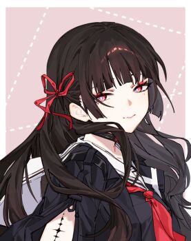 1girl arm_cutout black_choker black_hair black_serafuku black_shirt blunt_bangs border chisa_(wuthering_waves) choker clothing_cutout commentary eyeshadow floating_hair from_side furaiebi hair_ribbon highres hime_cut ibispaint_(medium) long_hair looking_at_viewer makeup making-of_available mole mole_under_eye outside_border portrait red_eyes red_eyeshadow red_ribbon ribbon sailor_collar school_uniform serafuku shirt smile solo tacet_mark_(wuthering_waves) white_border white_sailor_collar wuthering_waves