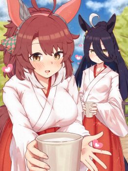 2girls absurdres ahoge alternate_costume animal_ears black_hair blue_sky blush bow breasts brown_eyes brown_hair checkered_ribbon closed_mouth cloud commentary_request dantsu_flame_(umamusume) ear_covers ear_ornament ear_ribbon ear_tag earrings hair_between_eyes hairband hakama hakama_skirt heart highres horse_ears horse_girl horse_tail japanese_clothes jewelry jsm_100 kimono large_breasts long_bangs long_hair long_hair_between_eyes long_sleeves looking_at_viewer manhattan_cafe_(umamusume) miko multicolored_hair multiple_girls open_mouth outdoors pink_hairband red_hakama single_earring skirt sky small_breasts smile tail tree umamusume very_long_hair white_hair white_kimono wide_sleeves yellow_eyes