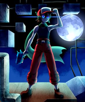 1boy baseball_cap belt blue_eyes brown_footwear cube doukutsu_monogatari full_moon glowing glowing_eyes green_scarf gun hair_between_eyes hand_up hat headset holding holding_gun holding_weapon moon pants quote_(cave_story) red_pants robot scarf short_hair sleeveless solo tank_top tete_(724038) weapon