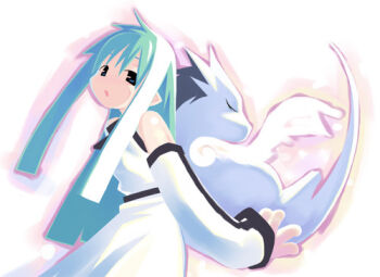 1girl :o archived_source asami_natsuhito bad_link bare_shoulders black_eyes black_ribbon blunt_ends blunt_sidelocks cowboy_shot creature detached_sleeves dress dress_ribbon green_eyes green_hair halterneck harada_takehito_(style) holding holding_creature long_hair long_sidelocks long_sleeves looking_at_viewer lowres no_lineart open_mouth original pointy_ears ribbon sidelocks simple_background single_sleeve_past_wrist sleeveless sleeveless_dress very_long_hair very_long_sidelocks white_background white_sleeves white_tail white_wings wings