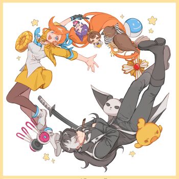 1boy 1girl :d ace_attorney athena_cykes aura_blackquill bird black_gloves black_hair black_jacket black_necktie black_pants black_shoes blue_bow blue_eyes blue_hairband blue_necktie bow bow_hairband character_doll closed_mouth commentary_request corrupted_twitter_file crescent crescent_earrings cropped_jacket crossed_arms doll earrings feather_in_mouth full_body gloves grey_hair hair_between_eyes hair_bow hairband hawk headphones highres house3122 jacket jewelry long_hair long_sleeves looking_at_viewer metis_cykes multicolored_hair necklace necktie open_clothes open_jacket open_mouth orange_hair pants pantyhose phoenix_wright:_ace_attorney_-_dual_destinies ponytail rotational_symmetry scabbard sheath sheathed shirt shoes side_ponytail simon_blackquill single_earring single_glove skirt smile star_(symbol) sword taka_(ace_attorney) teeth three-quarter_sleeves two-tone_hair unworn_headphones upper_teeth_only very_long_hair weapon white_shirt white_shoes yellow_jacket yellow_skirt