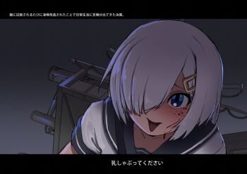 1girl black_sailor_collar blood blood_on_face blue_eyes commentary_request evil_smile gradient_background grey_background hair_ornament hair_over_one_eye hairclip hamakaze_(kancolle) kantai_collection kuroi_ie letterboxed long_bangs looking_at_viewer one_eye_covered open_mouth parody rigging sailor_collar sashizume_soutarou shirt short_hair short_sleeves smile solo translation_request white_shirt