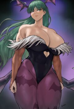 1girl animal_print artist_name bare_shoulders bat_wings batako_(batakoart) black_leotard breasts bridal_gauntlets capcom closed_mouth collarbone curvy darkstalkers detached_sleeves female_focus green_eyes green_hair head_wings heart highres huge_breasts legs_together leotard long_hair matching_hair/eyes morrigan_aensland solo solo_focus standing thick_thighs thighs wide_hips wings