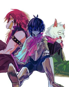 1boy 1girl 1other armlet back-to-back blue_hair bracelet cape colored_skin colored_teeth deltarune furry furry_female furry_male glasses goat_boy green_robe grin highres horns jewelry kris_(dark_world)_(deltarune) kris_(deltarune) open_mouth partially_shaded_face pink_scarf pink_skin ralsei reptile_girl robe scarf sitting smile spiked_armlet spiked_bracelet spikes susie_(dark_world)_(deltarune) susie_(deltarune) tsumayouji_(tsumayoooooji12) utdr_(toby_fox) white_background yellow_teeth