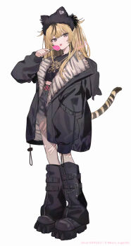 1girl arm_at_side artist_name black_boots black_coat black_shirt blonde_hair boots candy cat_girl cat_tail coat commentary cropped_shirt denim denim_shorts food full_body grey_eyes hand_up highres holding holding_candy holding_food holding_lollipop lollipop long_hair long_sleeves looking_at_viewer open_clothes open_coat original pantyhose pantyhose_under_shorts print_shirt shirt short_shorts shorts shugao simple_background sleeves_past_fingers sleeves_past_wrists solo standing symbol-only_commentary t-shirt tail tongue tongue_out torn_clothes torn_pantyhose torn_shorts twitter_username white_background