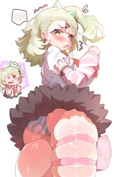 1girl absurdres ass black_skirt blush chinatsu_remiel closed_eyes commentary earrings english_commentary fang from_behind from_below green_hair green_panties hair_ornament heart heart_hair_ornament highres jewelry long_hair looking_at_viewer miniskirt multiple_views necktie open_mouth orcavice panties pink_arm_warmers pouch red_necktie shirt side_ponytail skin_fang skindentation skirt speech_bubble spoken_blush striped_arm_warmers striped_clothes striped_panties thick_thighs thigh_pouch thigh_strap thighs underwear white_shirt yellow_eyes yurie_mouth zenless_zone_zero