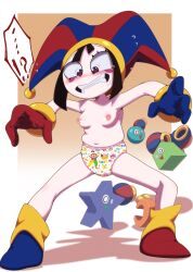 1girl blush breasts embarrassed euf-dreamer gloves hat highres jester_cap navel no_bra non-web_source panties pomni_(the_amazing_digital_circus) print_panties small_breasts tears the_amazing_digital_circus underwear underwear_only