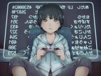 1girl bed black_hair breasts commentary_request controller game_controller holding holding_controller holding_game_controller hood hoodie indoors original short_hair sitting solo translation_request user_interface yajirushi_(chanoma)