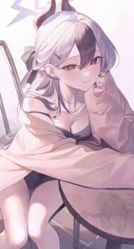 1girl absurdres arms_on_table black_dress black_hair black_horns black_nails blue_archive breasts chair cleavage closed_mouth collarbone commentary demon_horns dress ear_piercing elbow_rest film_grain friend0426 grey_halo hair_between_eyes hair_ornament hairclip halo head_rest highres horns jacket kayoko_(blue_archive) kayoko_(dress)_(blue_archive) light_particles long_hair looking_at_viewer medium_breasts mole mole_on_collarbone multicolored_hair nail_polish official_alternate_costume on_chair piercing red_eyes single_bare_shoulder sitting smile solo strap_slip table two-tone_hair white_background white_hair yellow_jacket