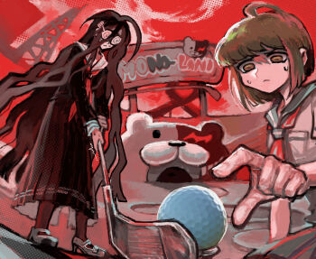 2girls :&lt; @_@ ahoge ball black_hair black_serafuku black_shirt black_skirt blue_sailor_collar breast_pocket brown_eyes closed_mouth cloud coke-bottle_glasses collared_shirt commentary danganronpa_(series) danganronpa_another_episode:_ultra_despair_girls english_commentary fukawa_toko glasses golf golf_ball golf_club green_hair hair_between_eyes high_heels highres holding holding_golf_club long_hair long_skirt long_sleeves messy_hair minigolf monokuma multiple_girls naegi_komaru neckerchief necktie pocket red_neckerchief red_necktie red_sky round_eyewear sailor_collar school_uniform serafuku shirt shoes short_hair skirt skirt_set sky snoozaga standing sweat trembling very_long_hair white_sailor_collar white_shirt