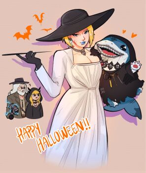 2girls alcina_dimitrescu blonde_hair blue_eyes blue_lips blush cosplay emma_frost hanjosi hat highres hood horns jeff_(marvel) lipstick magik_(x-men) magneto makeup marvel marvel_rivals multiple_girls resident_evil resident_evil_village shark smile vampire x-men