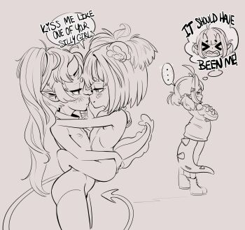 2025 3girls carrying ch4i_(vtuber) chio_chompi crossed_arms cuckquean demon_girl dinosaur_girl dinosaur_tail english_text flat_chest frog_girl greyscale indie_virtual_youtuber leg_lock loli monochrome multiple_girls nymphedahlia rebbi_rompin size_difference speech_bubble tail thought_bubble voice_actor_connection yuri