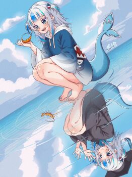 alternate_costume animal bare_legs barefoot black_hat black_robe blue_eyes blue_hair blue_nails blunt_bangs blush cloud cloudy_sky day different_reflection dual_persona feet fins fish_tail gawr_gura graduation grey_hair hair_ornament hand_on_own_knee hand_up hat highres holding holding_animal hololive hololive_english looking_at_animal medium_hair mortarboard motion_lines multicolored_hair open_mouth outdoors reflection reflective_water robe shark_girl shark_hair_ornament shark_tail sharp_teeth shrimp sky smile squatting streaked_hair tail teeth twitter_username two_side_up varliet virtual_youtuber waving