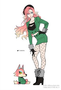 1girl animal animal_crossing artist_name beret black_boots black_gloves black_hat black_pantyhose black_shirt blazer blonde_hair blue_eyeshadow boots breasts buttons character_name cleavage cleavage_cutout closed_mouth clothed_animal clothing_cutout collarbone collared_jacket colored_sclera colored_tips commentary_request copyright_notice cross-laced_clothes cross-laced_sleeves earrings expressionless eyeshadow fishnet_pantyhose fishnets freya_(animal_crossing) full_body fur-trimmed_boots fur-trimmed_sleeves fur_trim furry_and_humanization gloves green_jacket green_skirt grey_eyes hair_between_eyes hand_on_own_hip hand_on_own_knee hat high_heel_boots high_heels highres humanization jacket jewelry lace-up_boots lapels leaf lipstick long_hair long_sleeves makeup midriff miniskirt moya_(toatomoot) multicolored_hair nintendo notched_lapels pantyhose parted_bangs parted_lips pencil_skirt pink_hair pink_lips shirt simple_background single_earring sitting skirt skirt_set snout standing white_background wolf yellow_sclera