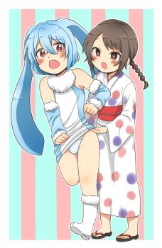 1boy 1girl animal_ears blue_hair blue_leotard blush boots braid clothes_pull detached_sleeves fur_trim heart heart_in_eye highres japanese_clothes karamorokoshi kenma-kun koushinism leotard lovestruck mutsumikko panties rabbit_ears sandals striped_clothes striped_panties symbol_in_eye tears underwear white_boots