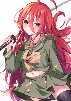 >:) 1girl ahoge alastor_(shakugan_no_shana) aonu_koru arm_behind_back black_thighhighs blush buttons child closed_mouth commentary_request cowboy_shot double-breasted eyelashes eyes_visible_through_hair floating_hair green_sailor_collar green_serafuku green_shirt green_skirt hair_between_eyes hand_up highres huge_ahoge jewelry katana long_hair long_hair_between_eyes long_sleeves looking_at_viewer midriff miniskirt misaki_high_school_uniform navel pendant pleated_skirt red_eyes red_hair sailor_collar school_uniform serafuku shakugan_no_shana shana shirt simple_background skirt smile smug solo split_mouth sword thighhighs tsurime v-shaped_eyebrows very_long_hair weapon white_background zettai_ryouiki