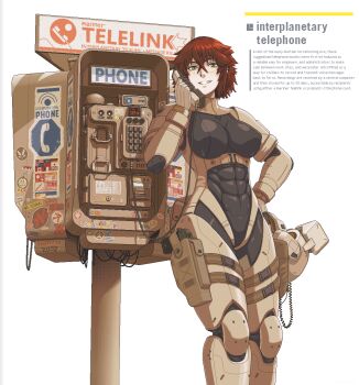 1girl abs armor breasts brown_hair commentary covered_abs english_commentary english_text gun gun_holster handgun helmet holding holding_phone holding_unworn_helmet holster holstered leg_holster original payphone phone pistol power_armor short_hair skin_tight solo standing sticker sysmainframe unworn_headwear unworn_helmet weapon