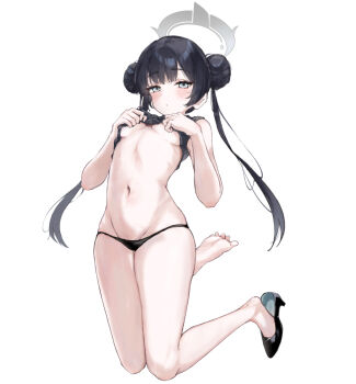 1girl alternate_costume anniu_(user_vemd7787) bare_arms bare_legs bare_shoulders barefoot black_hair black_panties black_shirt blue_archive blush braid braided_bun breasts breasts_apart closed_mouth clothes_lift commentary dot_mouth dot_nose double_bun eyelashes feet foot_up full_body grey_eyes grey_halo groin hair_between_eyes hair_bun halo hands_up high_heels highres jumping kisaki_(blue_archive) kneeling lifting_own_clothes loli long_hair looking_at_viewer navel panties petite ribs shirt shirt_lift shoes sidelocks simple_background single_bare_foot single_shoe sleeveless sleeveless_shirt small_breasts solo stomach straight_hair thighs toes twintails underboob underwear very_long_hair white_background