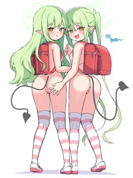 2girls absurdres ass blue_archive female_focus from_behind grabbing_another&#039;s_ass groping highres hikari_(blue_archive) incest legs loli multiple_girls nozomi_(blue_archive) shoes siblings sisters standing striped_clothes striped_thighhighs tail thighhighs thighs vieru2n yuri