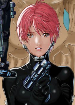 1girl black_bodysuit bodysuit breasts brown_eyes finger_on_trigger gantz gantz_suit gun hair_between_eyes highres holding holding_gun holding_weapon kishimoto_kei latex latex_bodysuit lips looking_at_viewer official_art oku_hiroya parted_lips pink_hair pink_lips short_hair skin_tight solo_focus upper_body weapon x-gun