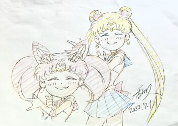 <o>_<o> anya's_heh_face_(meme) bishoujo_senshi_sailor_moon blonde_hair blue_eyes blue_sailor_collar blue_skirt chibi_usa child choker circlet crescent crescent_earrings double_bun earrings gem hair_bun heart heart_choker highres jewelry kagawa_hisashi long_hair meme pink_gemstone pink_hair pink_sailor_collar pointing pointing_at_viewer sailor_chibi_moon sailor_collar sailor_moon sailor_moon_pose sailor_senshi_uniform skirt smile smug traditional_media tsukino_usagi twintails