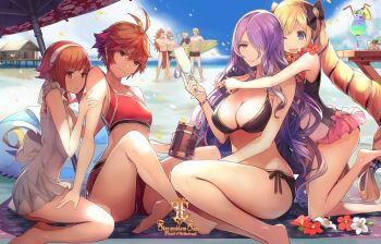 4boys 4girls :o barefoot beach beer_mug bikini black_bikini blonde_hair blue_sky breasts camilla_(fire_emblem) commentary_request cup day drill_hair drinking_glass elise_(fire_emblem) elise_(tropical_flower)_(fire_emblem) feet fire_emblem fire_emblem_fates flower flower_necklace fundoshi hair_over_one_eye hinoka_(fire_emblem) hug hug_from_behind japanese_clothes jewelry kurosawa_tetsu large_breasts leo_(fire_emblem_fates) leo_(seashore&#039;s_prince)_(fire_emblem_fates) long_hair looking_at_viewer mug multiple_boys multiple_girls necklace nintendo one_eye_closed open_mouth outdoors purple_eyes purple_hair red_eyes red_hair red_tube_top ryoma_(fire_emblem) sakura_(fire_emblem) short_hair siblings side-tie_bikini_bottom sitting sky small_breasts smile strapless swimsuit table takumi_(fire_emblem) toes tube_top twin_drills twintails very_long_hair wine_glass xander_(fire_emblem) xander_(student_swimmer)_(fire_emblem)
