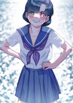 1girl absurdres arion_canvas bishoujo_senshi_sailor_moon blue_eyes blue_hair blue_sailor_collar blue_skirt corruption dark_mercury dark_persona heterochromia highres medium_skirt mizuno_ami neckerchief pleated_skirt profile purple_eyes purple_lips purple_neckerchief sailor_collar school_uniform serafuku short_hair short_sleeves skirt smile solo swept_bangs