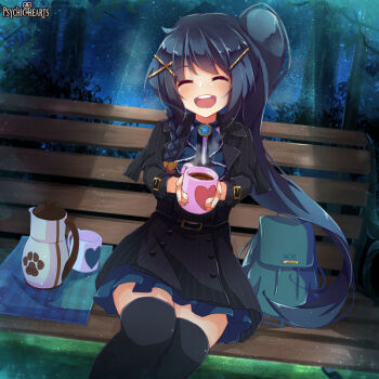 1girl ^_^ ascot asymmetrical_hair backpack bag belt bench black_hair black_thighhighs blue_skirt braid brooch buckle closed_eyes coffee coffee_mug coffee_pot copyright_name cup dennryuurai facing_viewer female_focus hair_ornament hairclip heart holding holding_cup jacket jewelry light_particles light_rays long_hair long_sleeves mug open_mouth outdoors park_bench paw_print psychic_hearts side_braid side_ponytail sitting skirt smile solo thighhighs tongue tree unworn_backpack unworn_bag very_long_hair watermark zettai_ryouiki