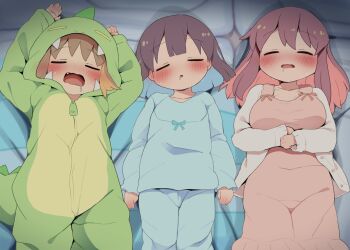3girls blue_hair blue_pajamas brown_hair closed_eyes colored_inner_hair dagasi drooling fang highres hozuki_momiji long_sleeves lying multicolored_hair multiple_girls murosaki_miyo oka_asahi on_back onesie onii-chan_wa_oshimai! open_mouth pajamas short_hair sleeping two-tone_hair