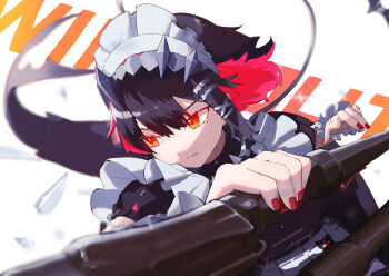 1girl absurdres apron black_hair closed_mouth dondoko_(nz_kijitsu) ellen_joe fins fish_tail frilled_apron frilled_hairband frilled_wrist_cuffs frills hair_between_eyes hairband highres holding holding_weapon maid_apron orange_eyes puffy_short_sleeves puffy_sleeves red_hair red_nails shark_girl shark_tail short_hair short_sleeves simple_background solo tail waist_apron weapon white_apron white_background wrist_cuffs zenless_zone_zero