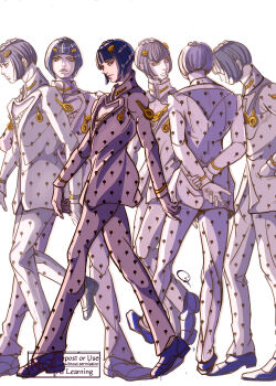 1boy 667dh absurdres black_hair blue_shoes blunt_bangs bob_cut bruno_bucciarati commentary_request hair_ornament hairclip high_collar highres jacket jojo_no_kimyou_na_bouken looking_at_viewer male_focus multiple_views pants parted_lips shoes vento_aureo walking zipper zipper_pull_tab