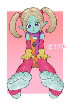 1girl artist_name closed_mouth commission demon_girl dragon_ball dragon_ball_daima elbow_gloves feet female_focus foot_focus foreshortening full_body gloves gradient_background hands_on_own_knees jumpsuit loli looking_at_viewer orange_jumpsuit pansy_(dragon_ball_daima) parted_bangs pink_background pink_thighhighs pixiv_commission pointy_ears purple_eyes purple_scarf scarf short_hair sitting smile soles solo stirrup_legwear thighhighs toeless_legwear toenails toes tsukimaru_(ls_99ml) twintails yellow_gloves