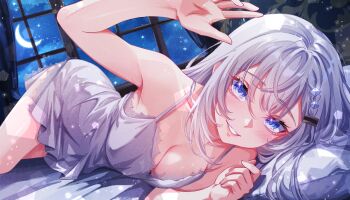 1girl alternate_costume alternate_hairstyle arm_up bare_arms bed blue_eyes braid breasts cleavage curled_fingers curtains dutch_angle grey_hair grey_nightgown grin hair_between_eyes hair_ornament hashtag-only_commentary highres hololive hololive_indonesia indoors long_hair looking_at_viewer lying medium_breasts night nightgown on_bed on_side pillow sidelocks smile solo spaghetti_strap vestia_zeta virtual_youtuber will_kyuu09 window