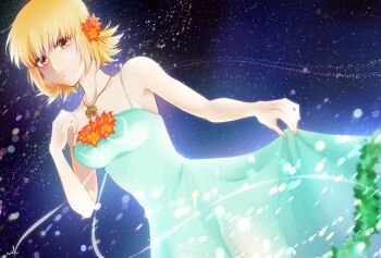 1girl aqua_dress bare_arms blonde_hair breasts cagalli_yula_athha cara0w0mel collarbone commentary_request dress dutch_angle flower gundam gundam_seed hair_flower hair_ornament highres jewelry long_dress medium_breasts necklace red_flower short_hair skirt_hold sleeveless sleeveless_dress solo spaghetti_strap standing