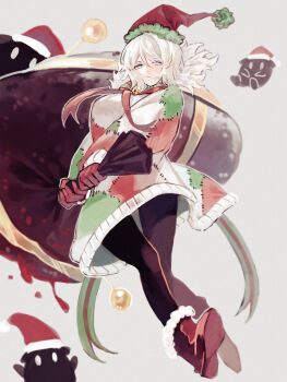 1girl black_pantyhose blue_eyes boots breasts closed_mouth e.g.o_(project_moon) faust_(project_moon) full_body fur-trimmed_boots fur_trim gloves grey_background hat highres holding holding_sack holiday_(e.g.o) limbus_company long_sleeves looking_at_viewer pantyhose patchwork_clothes project_moon red_gloves red_hat red_ribbon red_shoes ribbon sack santa_hat shoes short_hair simple_background solo standing starhoshi sweater white_hair white_sweater