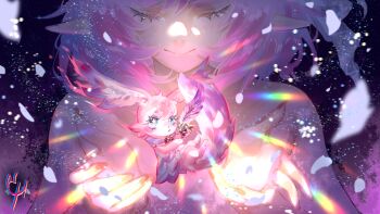 1girl blue_eyes closed_eyes closed_mouth coconuthound commentary cyrene_(aedes_elysiae)_(honkai:_star_rail) cyrene_(honkai:_star_rail) english_commentary feathers highres honkai:_star_rail honkai_(series) mem_(honkai:_star_rail) nude pink_hair pointy_ears short_hair signature star-shaped_pupils star_(symbol) symbol-shaped_pupils tail upper_body