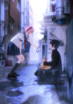 1boy 1girl absurdres alley alternate_universe bag black_hair black_shoes black_socks cat commentary gakuran hand_on_own_knee haruno_sakura highres holding holding_bag holding_umbrella indian_style kneehighs miniskirt naruto_(series) naruto_shippuuden niku_(ni23ku) pink_hair pleated_skirt rain school_bag school_uniform serafuku shoes sitting skirt socks squatting twitter_username uchiha_sasuke umbrella