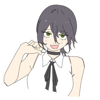 1girl black_choker black_hair black_ribbon chainsaw_man choker collared_shirt green_eyes grenade_pin hair_between_eyes kofucchi neck_ribbon open_mouth reze_(chainsaw_man) ribbon shirt simple_background sleeveless sleeveless_shirt solo white_background white_shirt