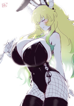 1girl animal_ear_hairband animal_ears bare_shoulders black_leotard blonde_hair bow bowtie breasts cleavage closed_eyes closed_mouth covered_navel detached_collar dragon_girl dragon_horns fake_animal_ears fishnet_pantyhose fishnets gradient_hair green_hair hairband highleg highleg_leotard highres horns huge_breasts kobayashi-san_chi_no_maidragon large_breasts leotard long_hair lucoa_(maidragon) multicolored_hair navel pantyhose playboy_bunny rabbit_ear_hairband rabbit_ears reiwa_rerere side-tie_leotard simple_background smile solo strapless strapless_leotard thighhighs white_wrist_cuffs wrist_cuffs