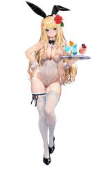 Rule 34 | 1girl, absurdres, animal ears, ayase shichikai, bare shoulders, black bow, black bowtie, black footwear, blonde hair, blue eyes, blush, bow, bowtie, breasts, cameltoe, cleavage, closed mouth, collar, covered navel, covered nipples, cup, darkness (konosuba), detached collar, drinking glass, fake animal ears, female pubic hair, flower, full body, gluteal fold, hair flower, hair ornament, highleg, highleg leotard, highres, holding, holding tray, jewelry, kono subarashii sekai ni shukufuku wo!, large breasts, leotard, long hair, looking at viewer, necklace, playboy bunny, pubic hair, rabbit ears, see-through, see-through leotard, shoes, simple background, solo, standing, strapless, strapless leotard, thigh strap, thighhighs, traditional bowtie, tray, white background, white collar, white leotard, white thighhighs, white wrist cuffs, wrist cuffs, x hair ornament