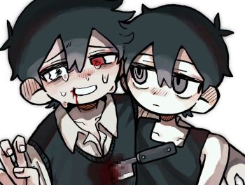 2boys alternate_eye_color antenna_hair black_hair black_sweater_vest black_tank_top blood blood_on_clothes blood_on_face bloody_weapon blush collarbone collared_shirt colored_skin crying crying_with_eyes_open double-parted_bangs dual_persona grey_eyes hair_between_eyes heterochromia highres knife looking_at_another looking_at_viewer male_focus multiple_boys omori omori_(omori) red_eyes shirt short_hair simple_background stab sunny_(omori) sweater_vest tank_top tears uminosoko44 v weapon white_background white_eyes white_shirt white_skin