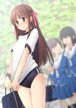 Rule 34 | 3girls, bag, black buruma, blue sailor collar, blurry, blush, brown eyes, brown hair, buruma, clothes pull, commentary request, commission, depth of field, fruits basket, gym shirt, gym uniform, hair ribbon, honda tohru, multiple girls, nose blush, ribbon, sailor collar, school bag, school uniform, serafuku, shibacha, shirt, shirt pull, skeb commission, solo focus, standing, t-shirt, thigh gap, white shirt