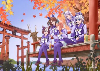 5girls absurdres animal_ears aqua_bow autumn_leaves blue_eyes blunt_bangs blush bottle bow bowtie braid breasts brown_hair commentary_request crossed_legs deer ear_bow ear_covers ear_ribbon food gold_ship_(umamusume) green_bow green_eyes grey_hair hair_ornament hairband half_up_braid hat highres hime_cut holding holding_food horse_ears horse_girl horse_tail king_halo_(umamusume) leaf long_hair long_sleeves mejiro_mcqueen_(umamusume) miki_lutecia multicolored_hair multiple_girls onigiri open_mouth orange_hair outdoors parted_lips pillbox_hat pleated_skirt purple_bow purple_eyes purple_hair purple_hat purple_sailor_collar purple_serafuku purple_shirt purple_thighhighs sailor_collar sailor_shirt school_uniform serafuku shirt shoes short_hair silence_suzuka_(umamusume) sitting skirt special_week_(umamusume) sunglasses tail thighhighs torii tracen_school_uniform tree two-tone_hair umamusume white_bow white_bowtie white_hair white_hairband