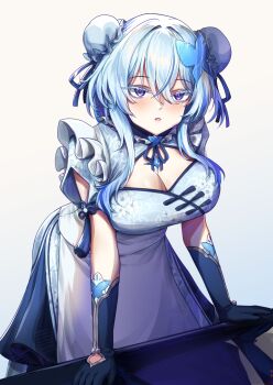 1girl absurdres alternate_costume alternate_hairstyle blue_dress blue_gloves blue_hair blue_ribbon blush breasts bun_cover butterfly_hair_ornament chinese_clothes cleavage colored_eyelashes commentary double_bun dress english_commentary enmaided flareza gloves gradient_background hair_between_eyes hair_bun hair_ornament hair_ribbon highres large_breasts leaning_forward long_hair looking_at_viewer maid parted_lips purple_eyes ribbon shorekeeper_(wuthering_waves) solo wuthering_waves