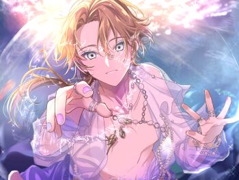 18trip 1boy bead_bracelet beads bracelet brown_hair chain chain_necklace clenched_teeth collarbone commentary_request curtained_hair earrings grey_eyes highres jewelry long_hair long_sleeves low_ponytail male_focus multiple_rings nanamegi_nanaki necklace open_clothes open_shirt ponytail purple_nails purple_shirt ring sakari_(pear_8_ll) see-through_clothes see-through_shirt shirt solo stud_earrings teeth underwater upper_body