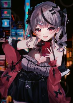 1girl bandaid bandaid_hair_ornament bare_shoulders black_bow black_bowtie black_dress black_jacket black_streaks blunt_bangs blurry blurry_background blush bow bowtie bracelet braid breasts cellphone cleavage cleavage_cutout clothing_cutout commentary_request dress drill_hair ear_piercing frilled_dress frills grey_hair hair_bow hair_ornament hand_on_own_hip heart_cutout highres holding holding_phone hololive jacket jewelry large_breasts looking_at_viewer multicolored_hair official_alternate_costume open_mouth phone piercing red_eyes red_jacket reianly sakamata_chloe sakamata_chloe_(jirai_kei) see-through_clothes see-through_dress skirt sleeveless sleeveless_dress smartphone smile solo streaked_hair twin_drills two-sided_fabric two-sided_jacket virtual_youtuber x_hair_ornament