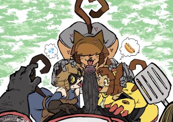 1boy 3girls animal_ears ass brown_hair brown_overalls cat_ears cat_girl cat_tail cooperative_fellatio curvy dress erection father_and_child father_and_daughter fellatio gameoverse goggles hair_over_eyes heart heart-shaped_pupils hetero highres holding holding_spatula hot_dog huge_ass incest kit_bodega licking licking_penis looking_at_viewer mechanical_arms mother_and_child mother_and_daughter multicolored_hair multiple_girls oral orph_(gameoverse) overalls penis pov ruddyrzaq scratch_(gameoverse) short_hair smile spatula strapless sweat symbol-shaped_pupils tail teamwork_(sexual) tina_(gameoverse) tina_bodega tongue tongue_out two-tone_hair wide_hips