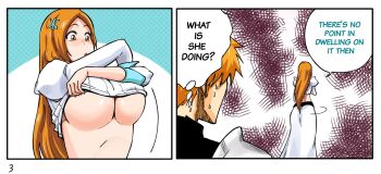 1boy 1girl 2koma bleach bleach:_sennen_kessen-hen breasts brown_eyes comic commentary english_commentary english_text hair_ornament hairclip inoue_orihime kurosaki_ichigo large_breasts long_hair long_skirt orange_hair puffy_sleeves ririvart shiny_skin short_hair simple_background skirt snowflake_hair_ornament speech_bubble underboob undressing