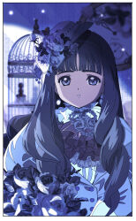 Rule 34 | 1girl, absurdres, analog clock, ascot, birdcage, black hair, blunt bangs, border, bouquet, bow, buttons, cage, cardcaptor sakura, choker, clock, collared jacket, commentary, daidouji tomoyo, double-breasted, edoya inuhachi, expressionless, flower, flower brooch, frilled choker, frills, hair over shoulder, hat, hat bow, highres, hime cut, holding, holding bouquet, indoors, jacket, juliet sleeves, light particles, long hair, long sleeves, looking at viewer, mini hat, parted lips, puffy sleeves, purple ascot, purple background, purple eyes, purple flower, purple hair, purple jacket, purple rose, purple sleeves, purple theme, rose, shirt, solo, symbol-only commentary, upper body, wavy hair, white border, white choker, white shirt